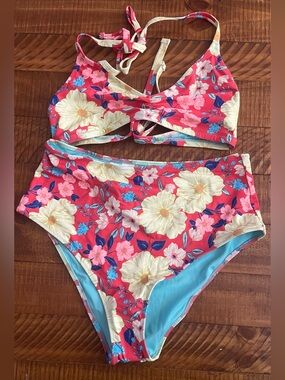 NWT Aerie FULL SET Halter Voop Top + High Waist Cheeky Bottom Red Floral - Sz L
